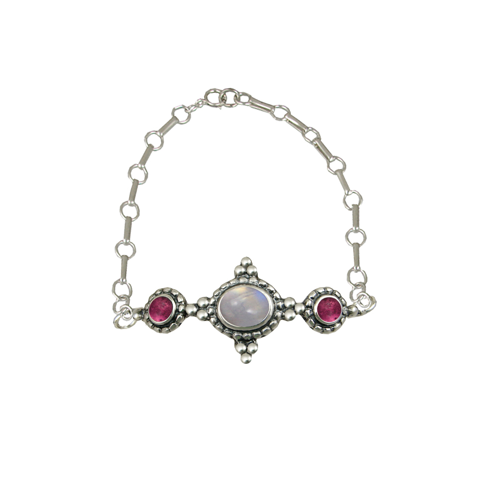 Sterling Silver Gemstone Adjustable Chain Bracelet With Rainbow Moonstone And Pink Tourmaline